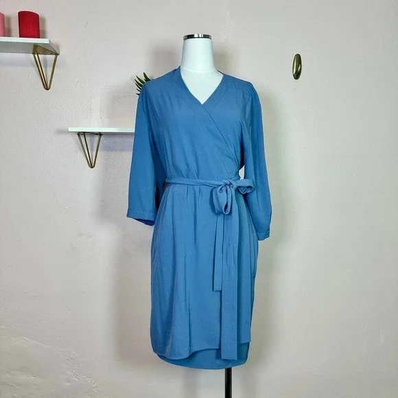 EVERLANE Japanese GoWeave Wrap Dress Blue Three Quarter Sleeve 10 - Picture 1 of 8